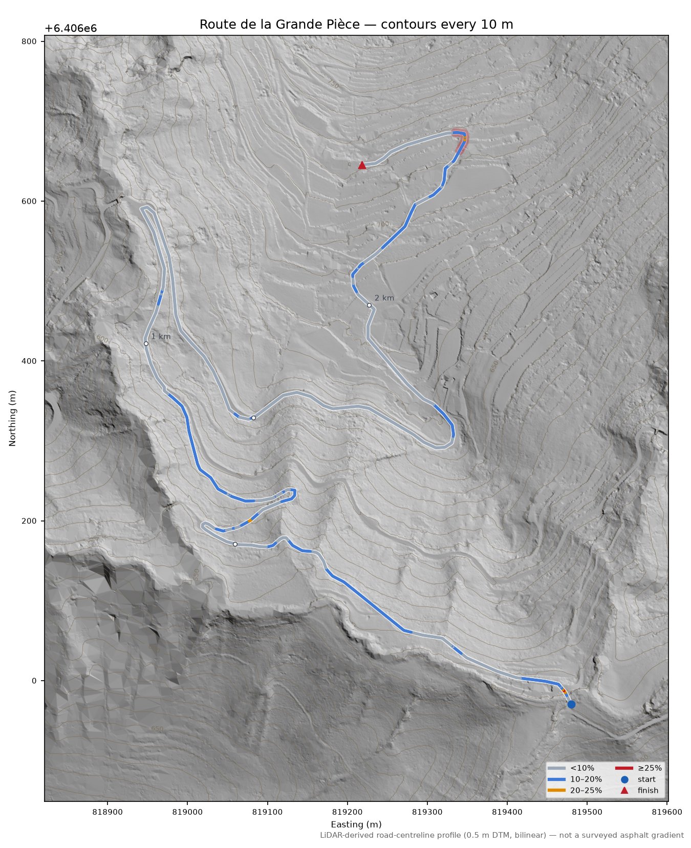 Route de la Grande Pièce LiDAR hillshade map with contours