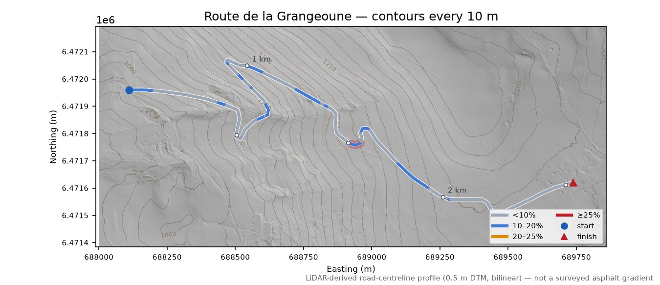 Col de Montgreleix LiDAR hillshade map with contours
