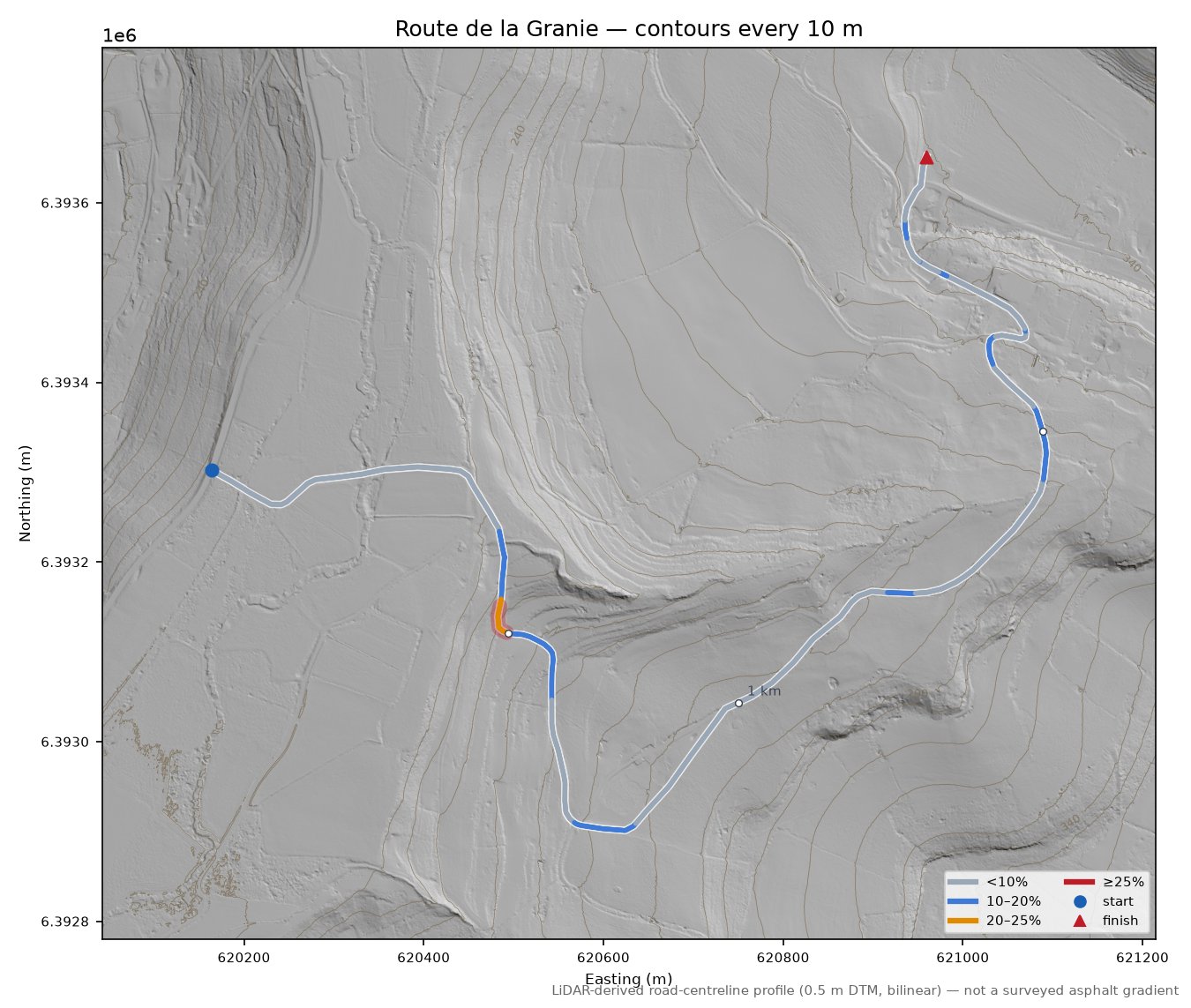 Route de la Granie LiDAR hillshade map with contours