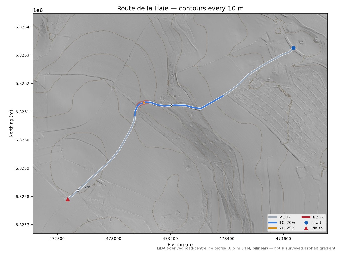 Route de la Haie LiDAR hillshade map with contours