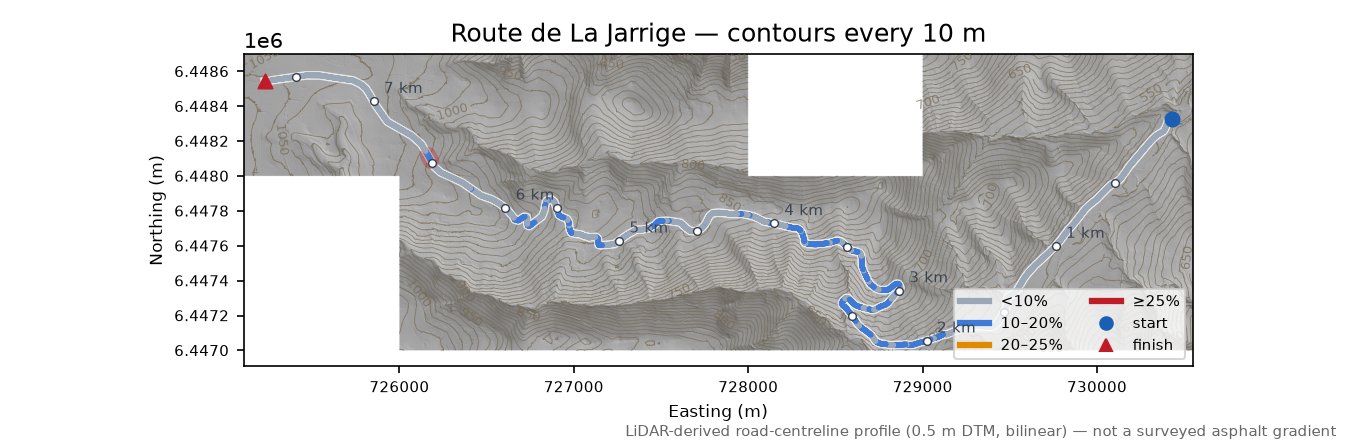 Route de La Jarrige LiDAR hillshade map with contours
