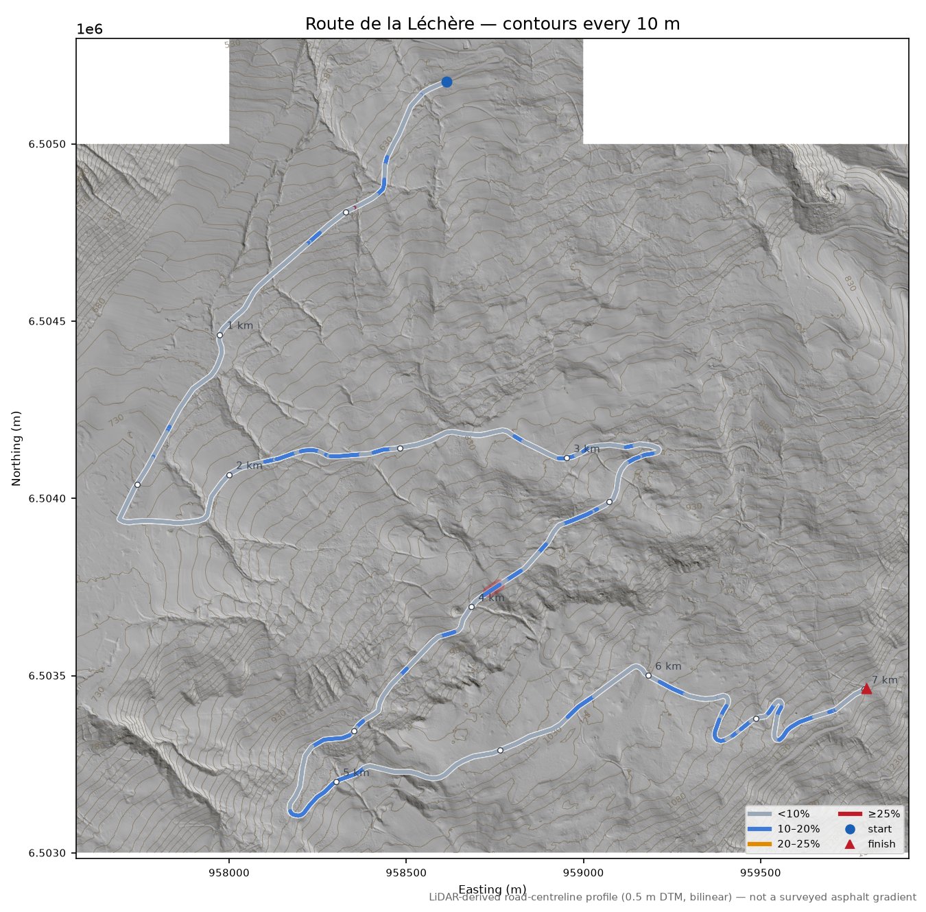 Route de la Léchère LiDAR hillshade map with contours