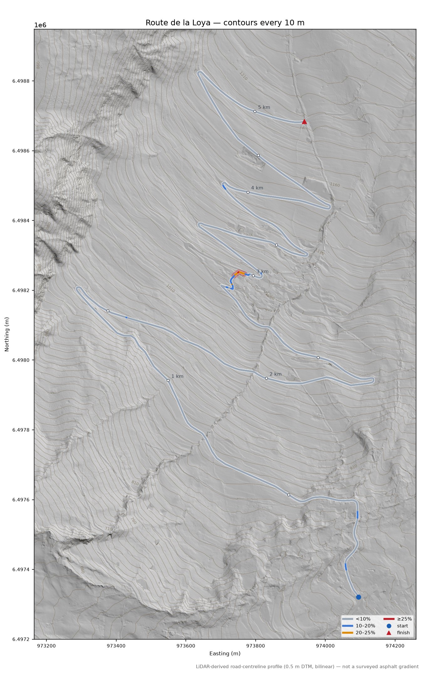 Route de la Loya LiDAR hillshade map with contours