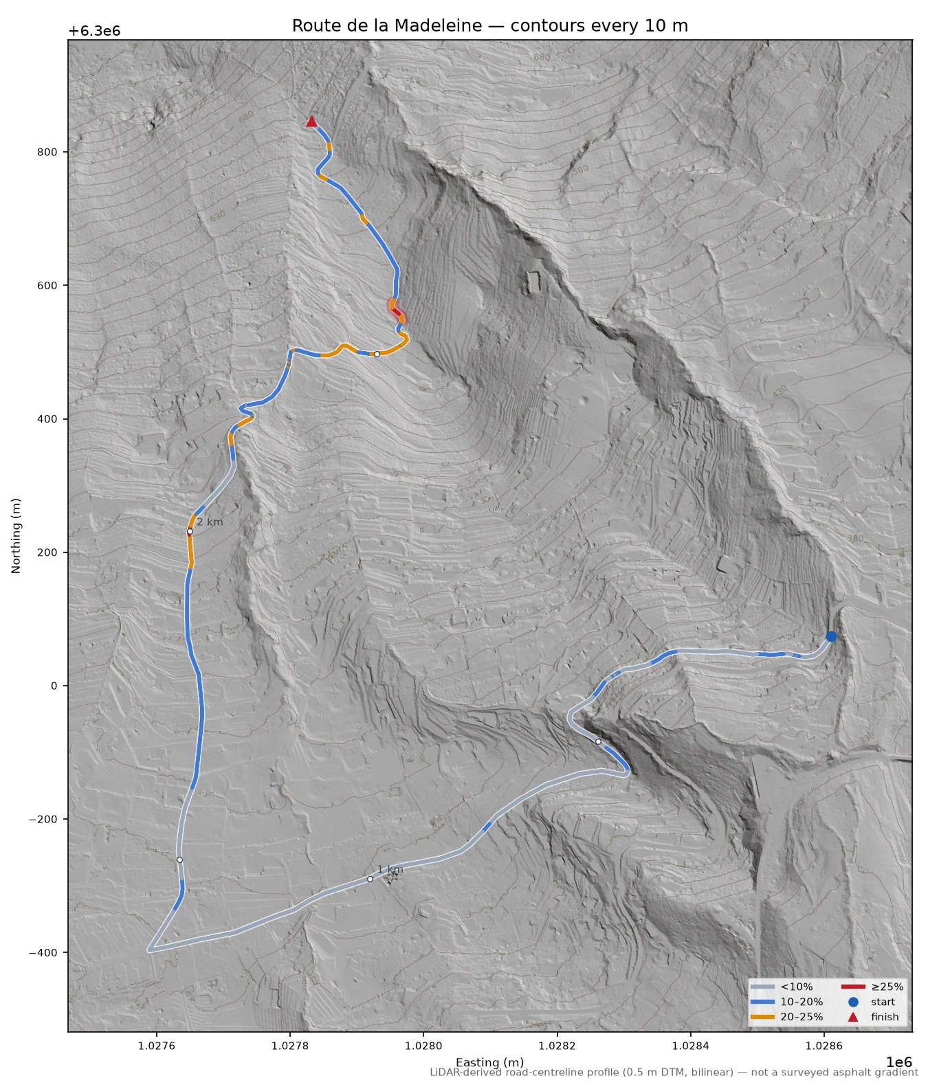 Route de la Madeleine LiDAR hillshade map with contours
