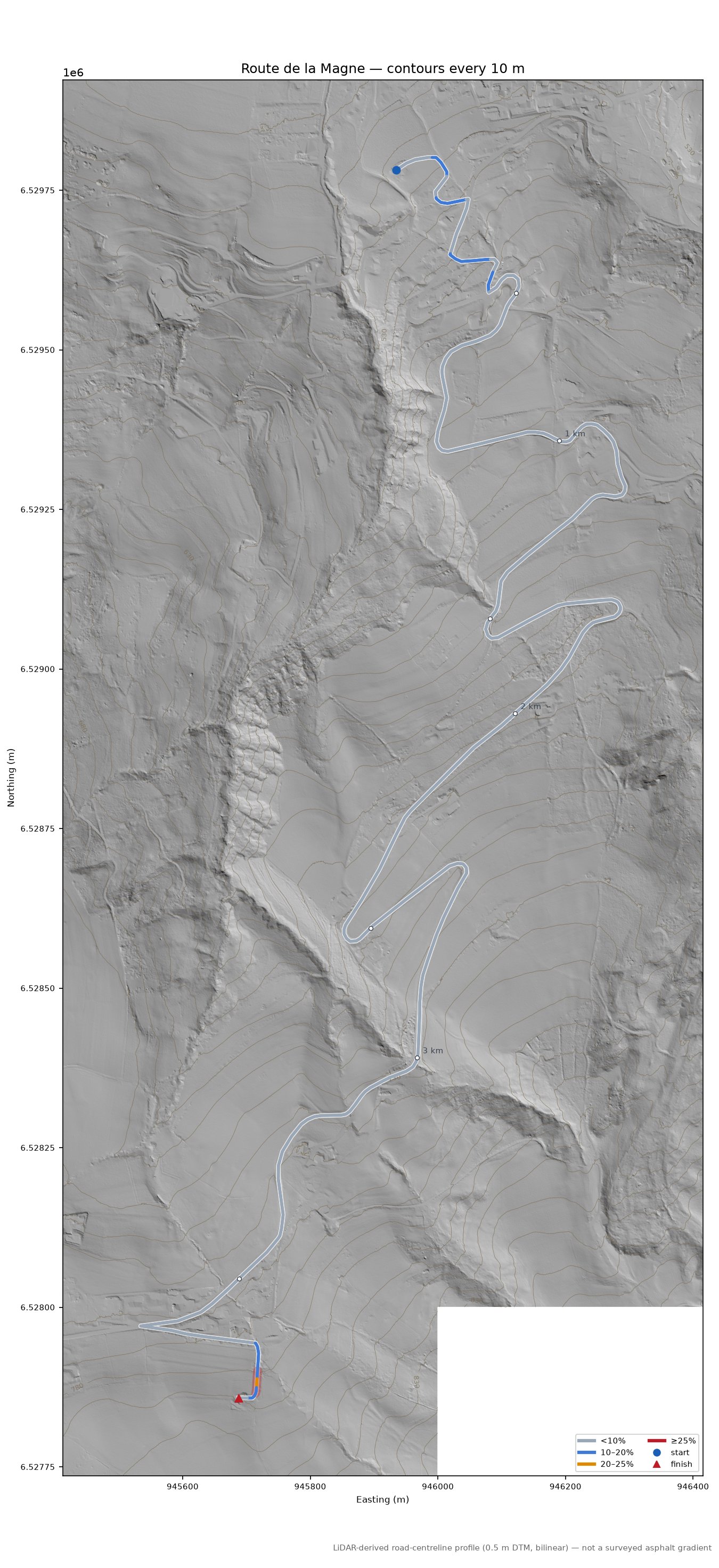 Route de la Magne LiDAR hillshade map with contours