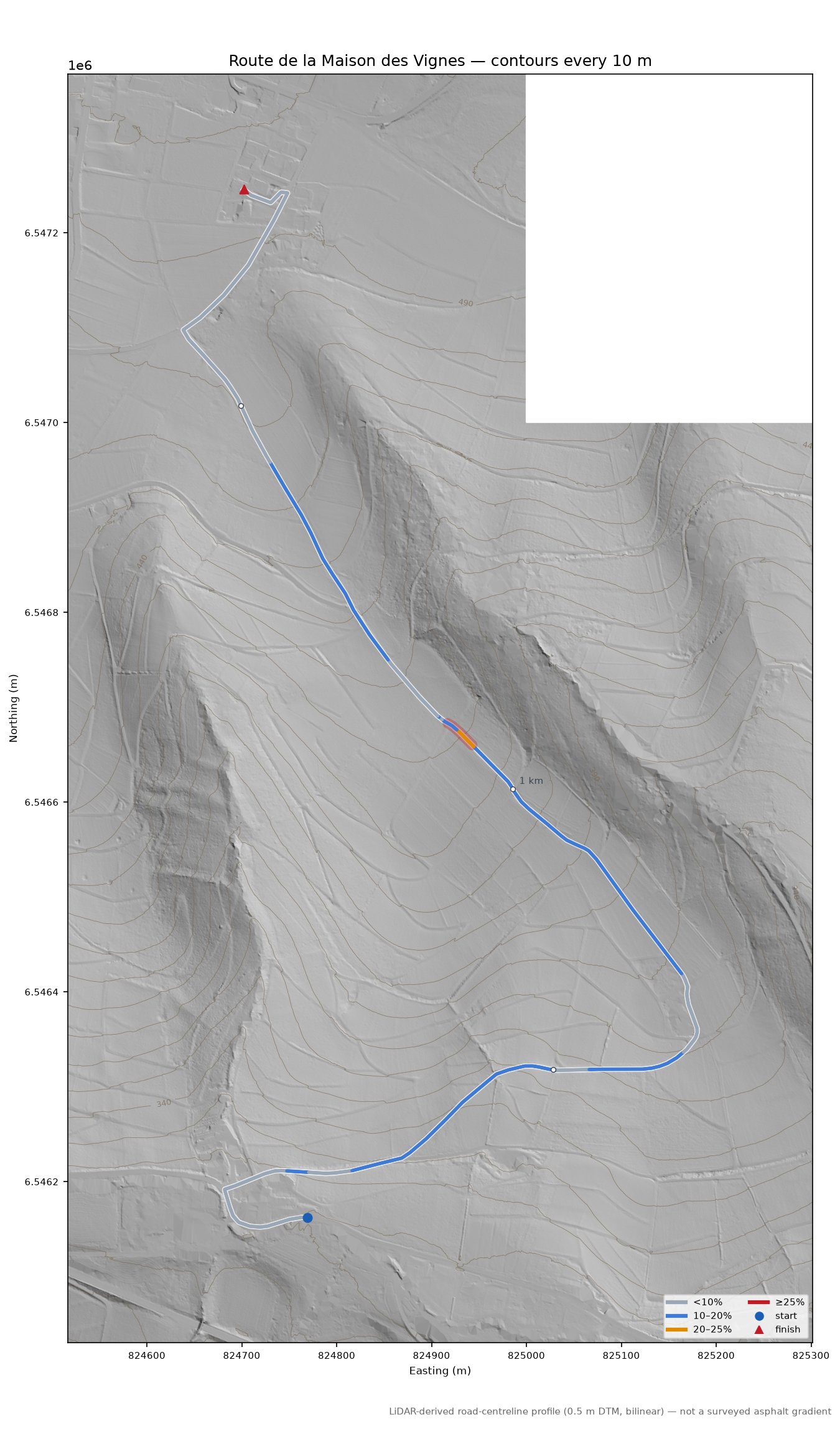 Route de la Maison des Vignes LiDAR hillshade map with contours