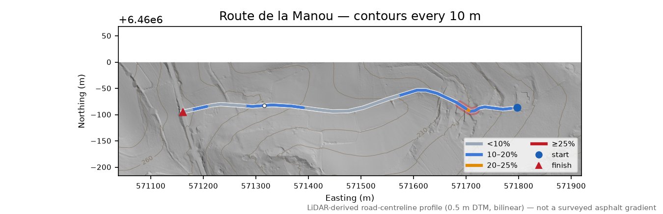 Route de la Manou LiDAR hillshade map with contours