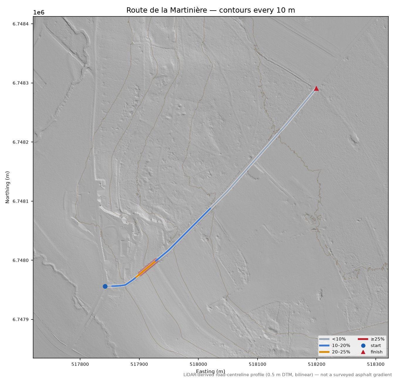 Route de la Martinière LiDAR hillshade map with contours