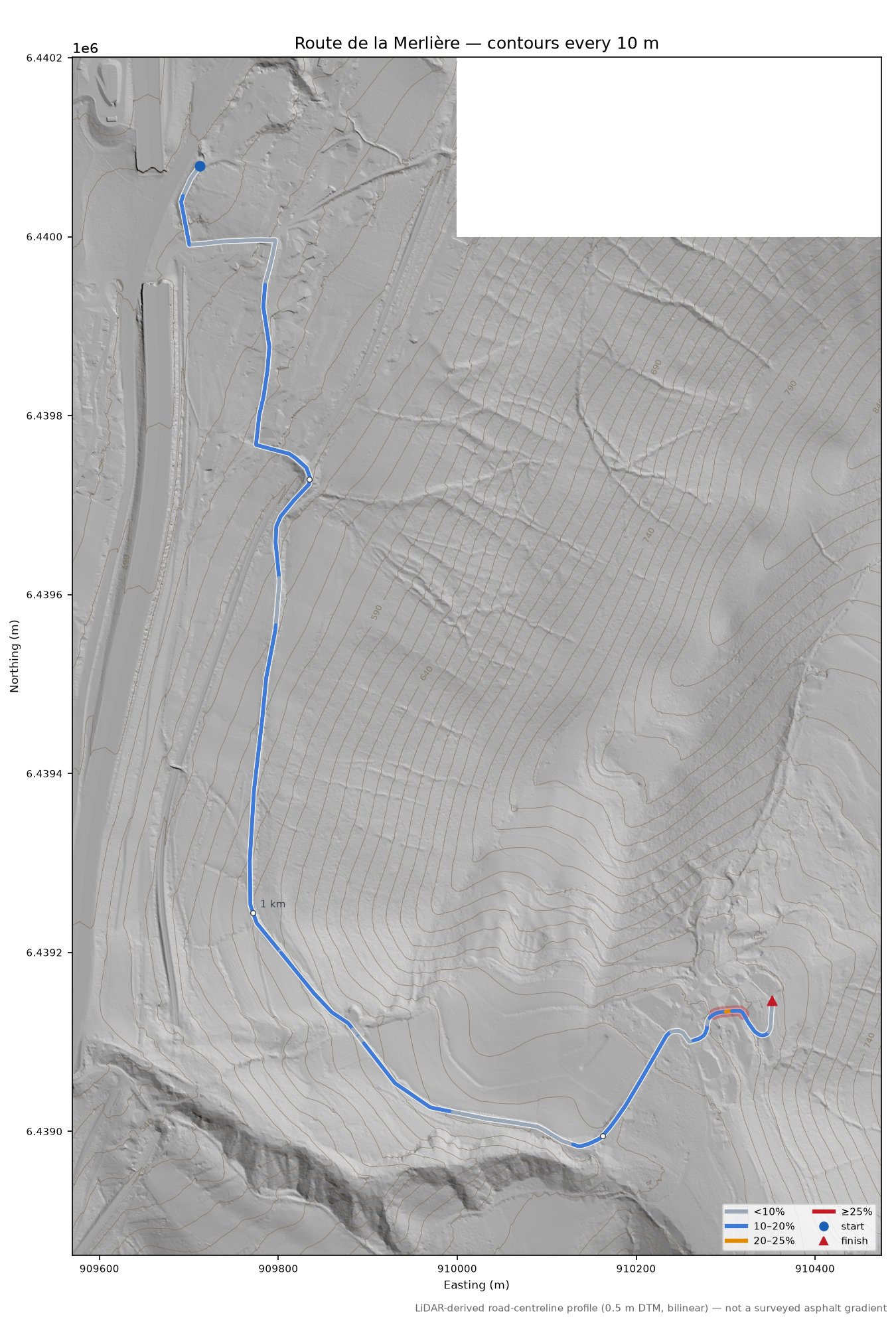 Route de la Merlière LiDAR hillshade map with contours