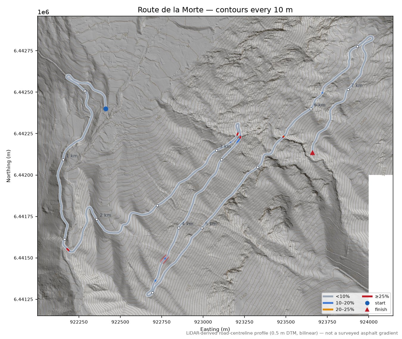 Route de la Morte LiDAR hillshade map with contours