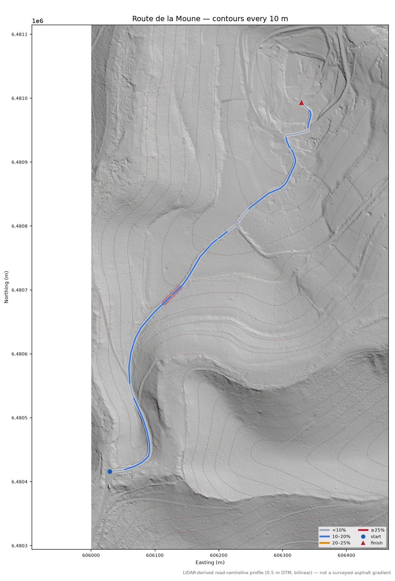 Route de la Moune LiDAR hillshade map with contours