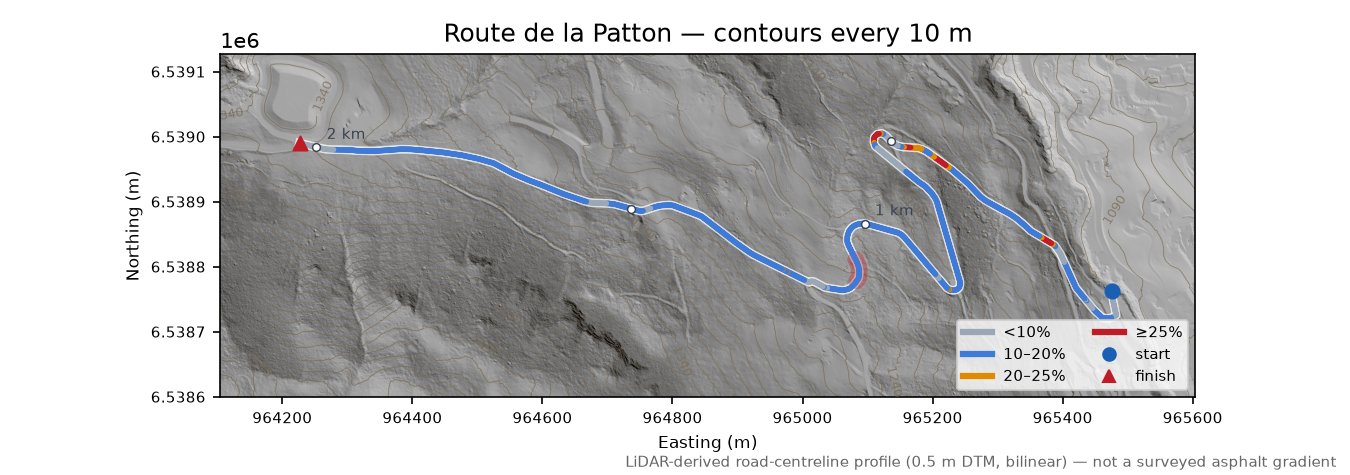 Route de la Patton LiDAR hillshade map with contours