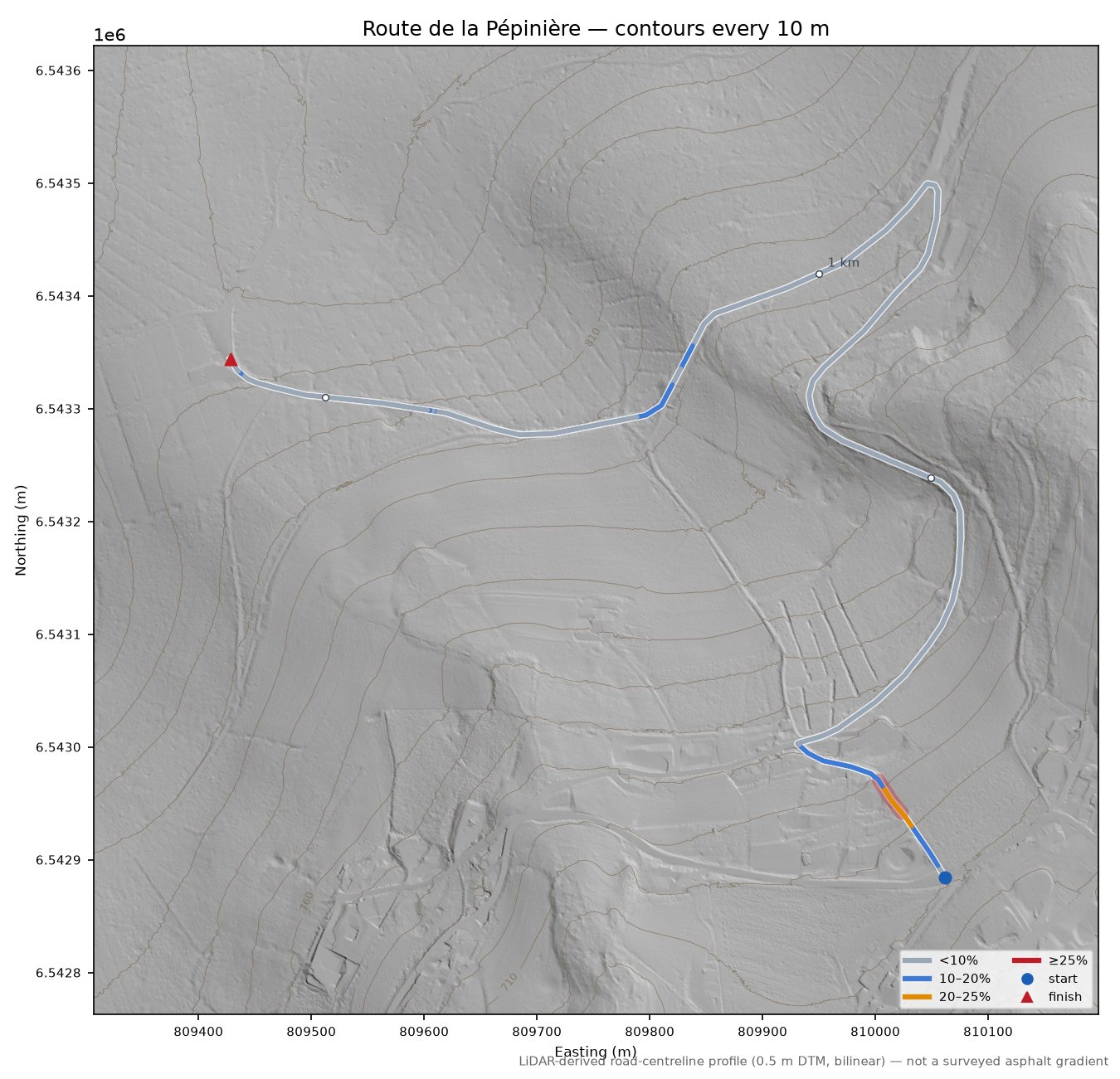 Route de la Pépinière LiDAR hillshade map with contours