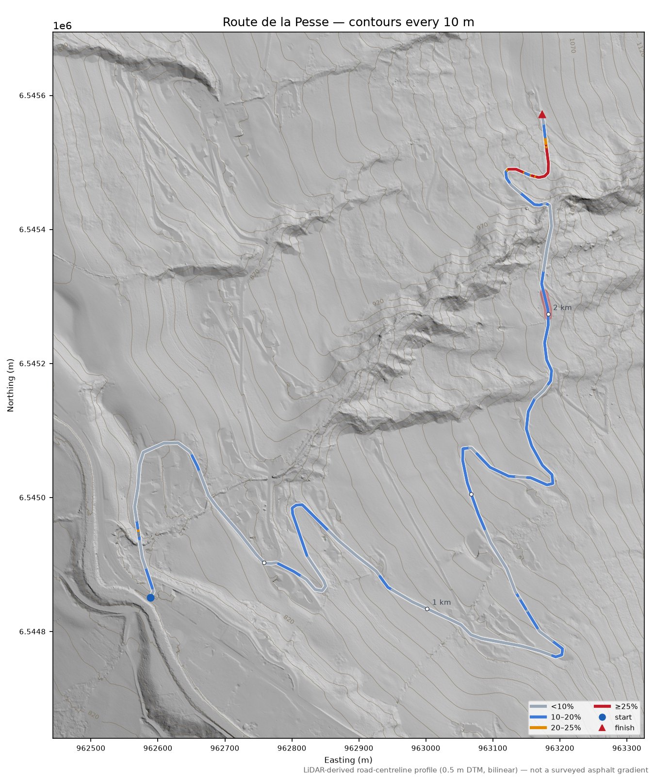 Route de la Pesse LiDAR hillshade map with contours