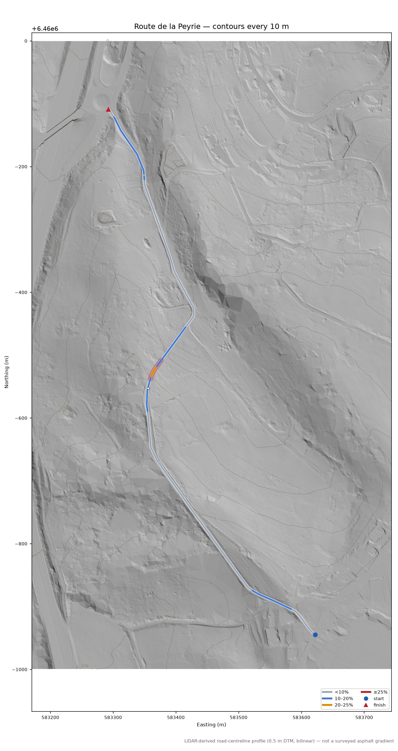Route de la Peyrie LiDAR hillshade map with contours