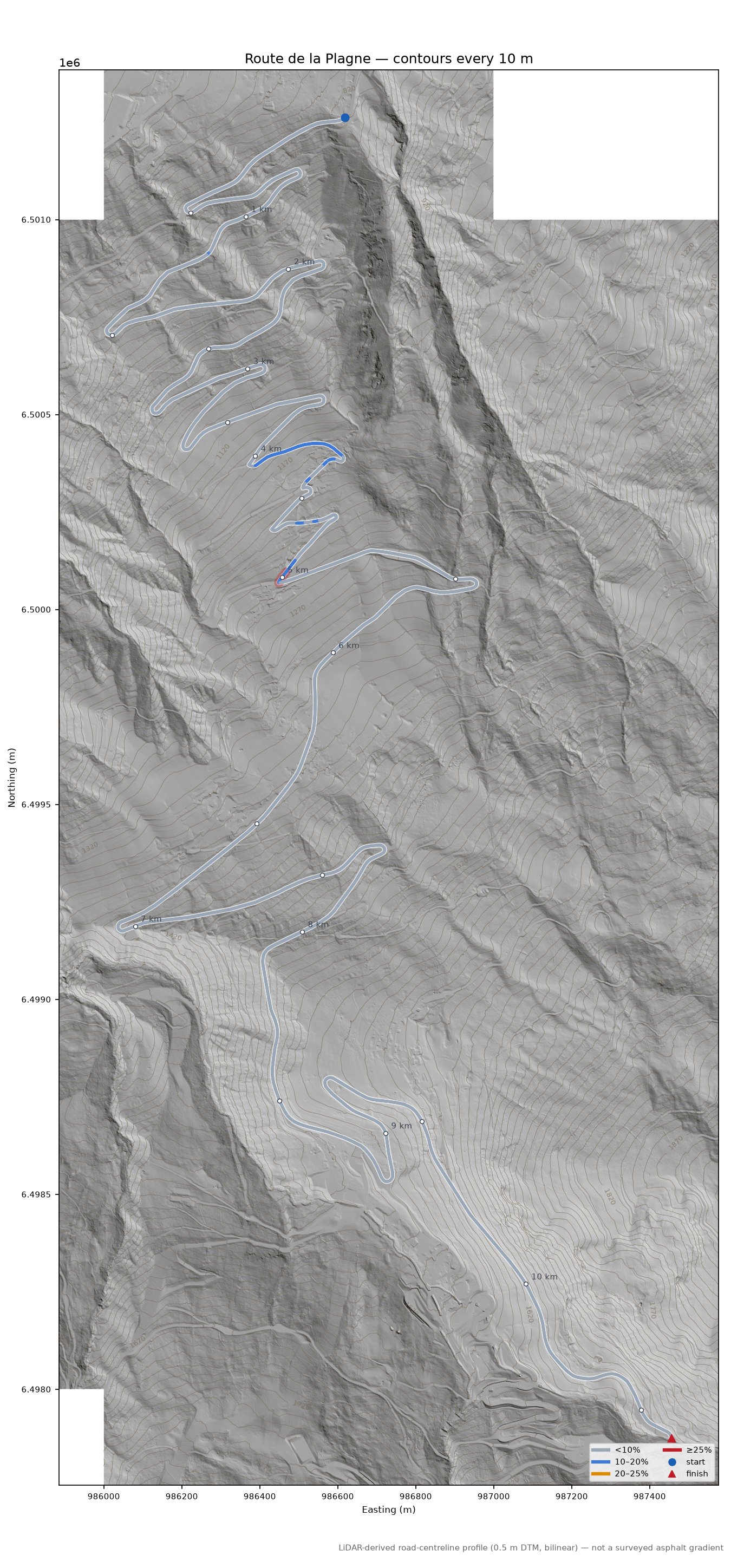 Route de la Plagne LiDAR hillshade map with contours
