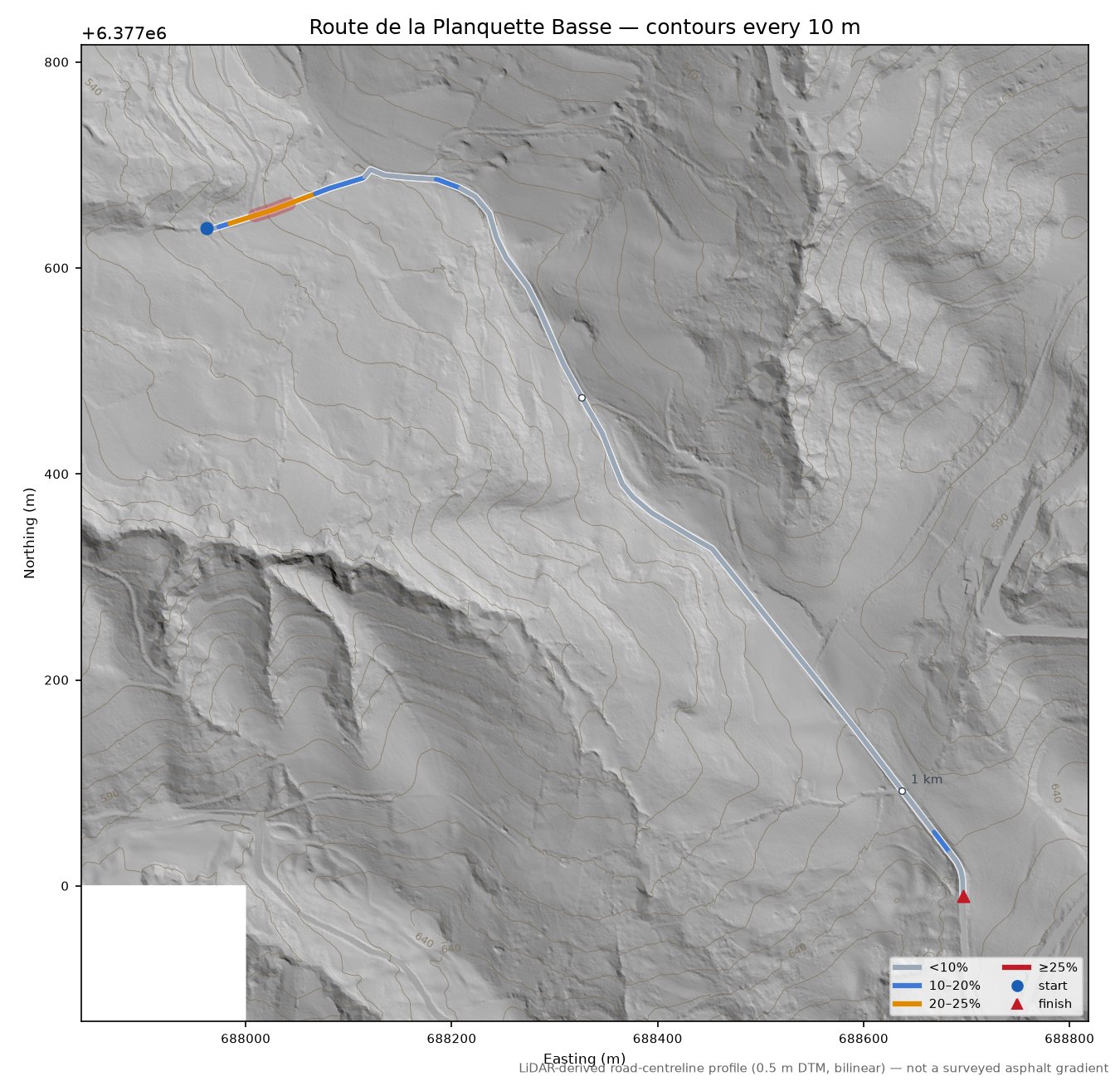 Route de la Planquette Basse LiDAR hillshade map with contours