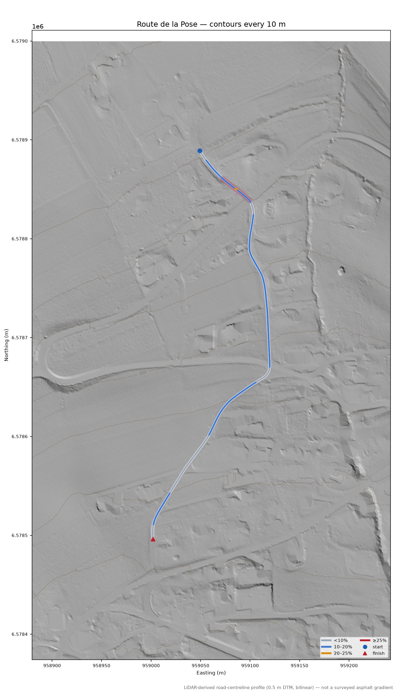 Route de la Pose LiDAR hillshade map with contours