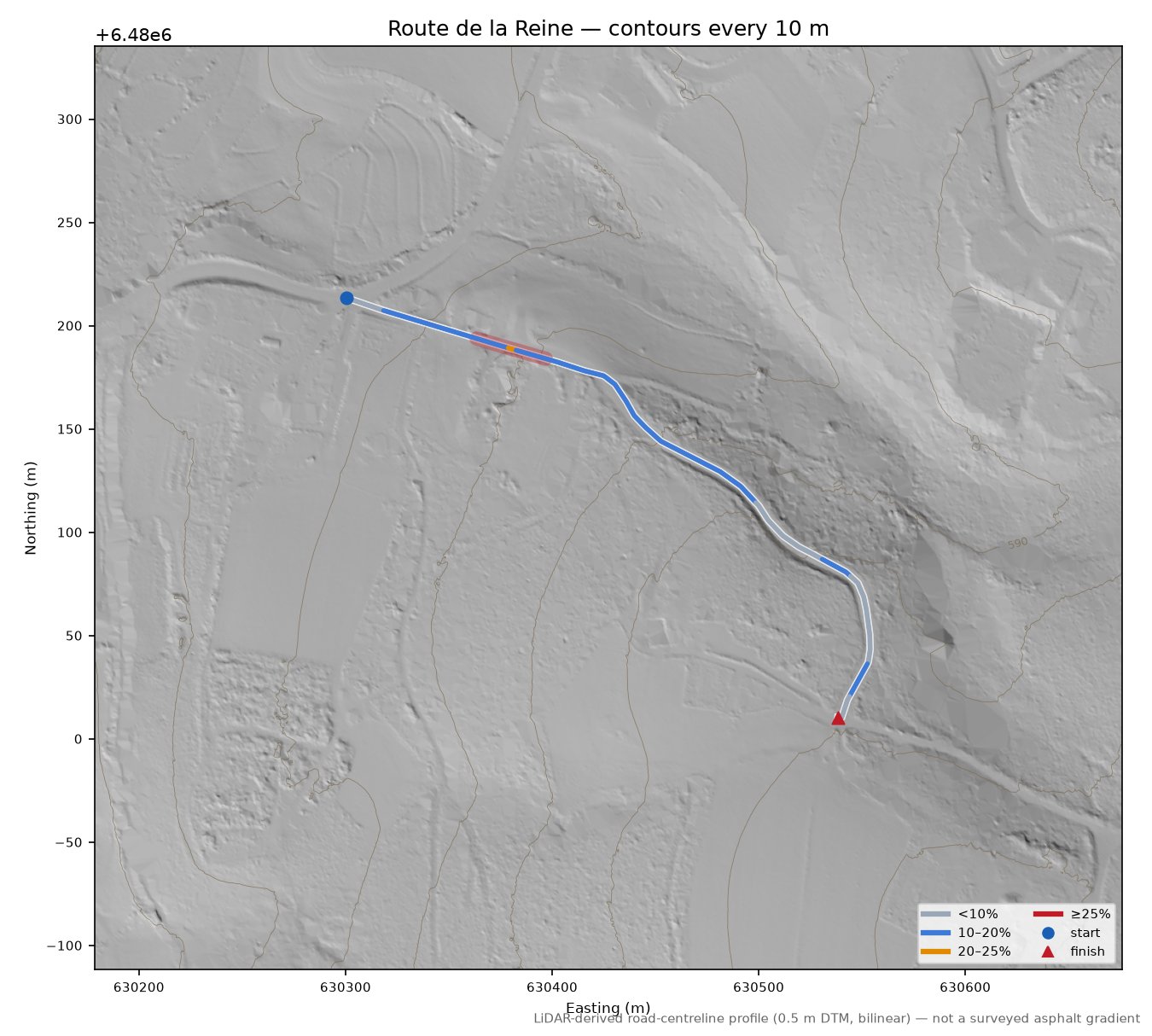 Route de la Reine LiDAR hillshade map with contours