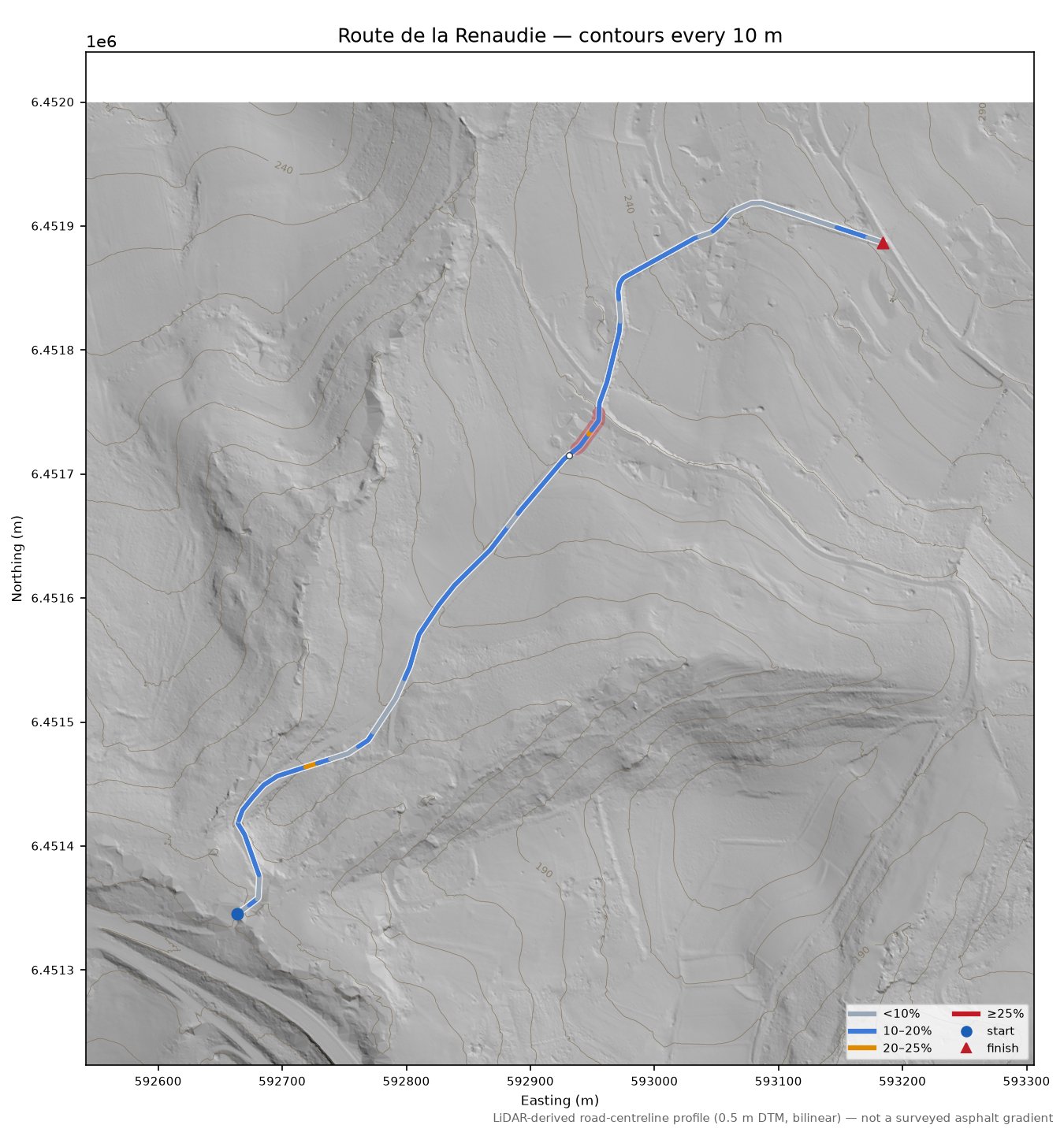 Route de la Renaudie LiDAR hillshade map with contours