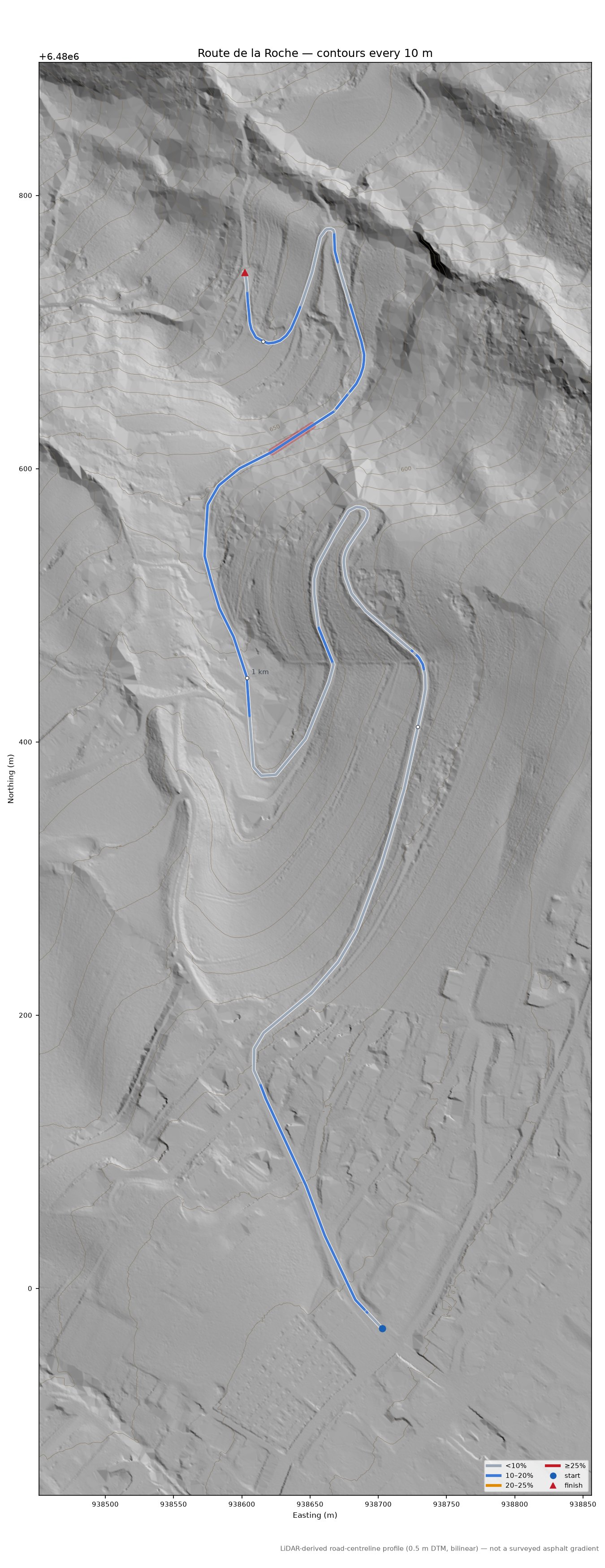 Route de la Roche LiDAR hillshade map with contours