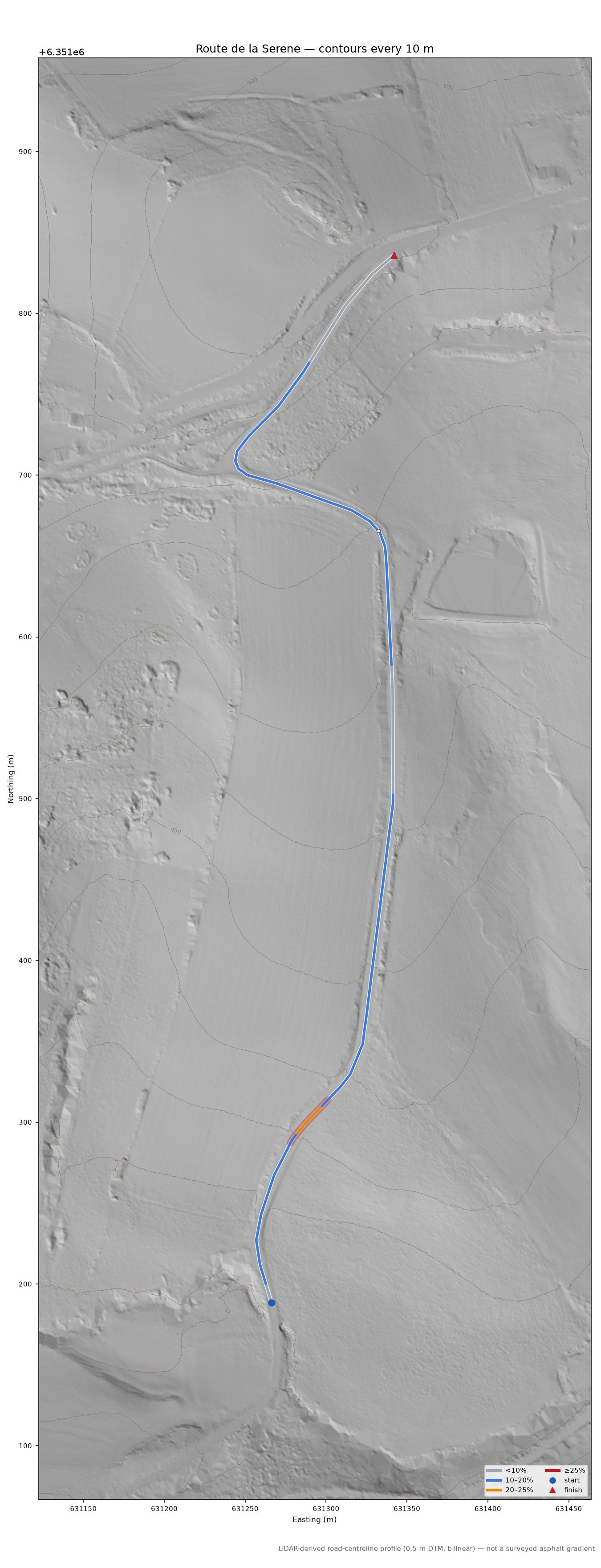 Route de la Serene LiDAR hillshade map with contours