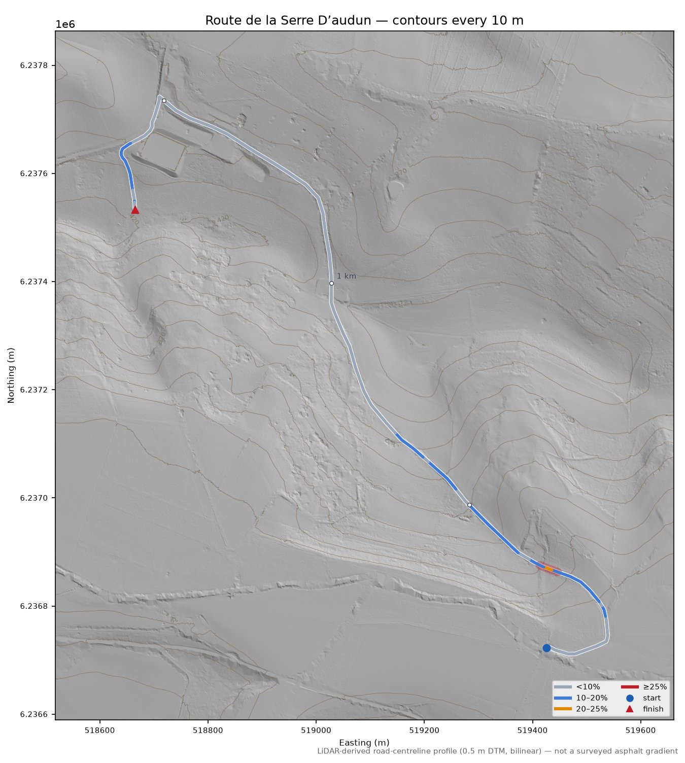 Route de la Serre D’audun LiDAR hillshade map with contours