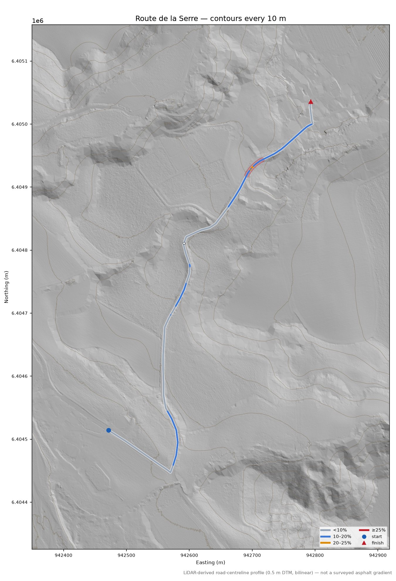 Route de la Serre LiDAR hillshade map with contours