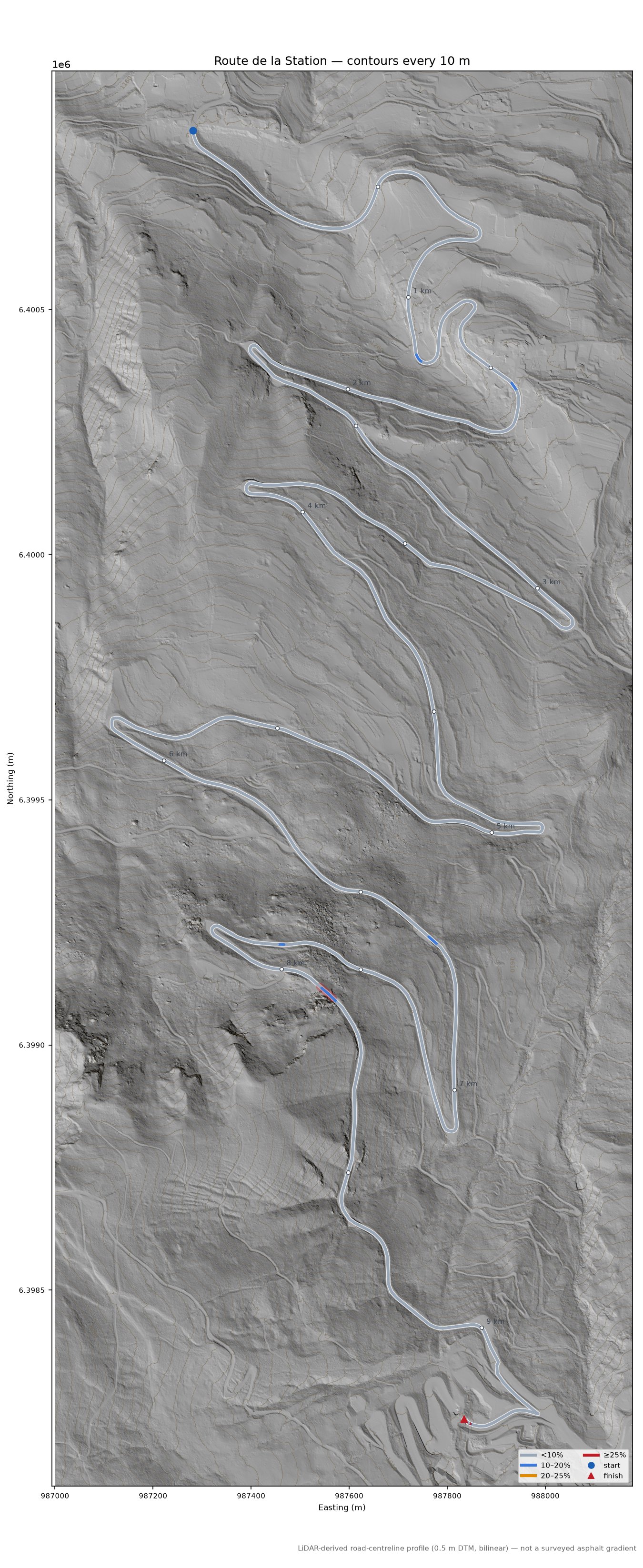 Route de la Station LiDAR hillshade map with contours