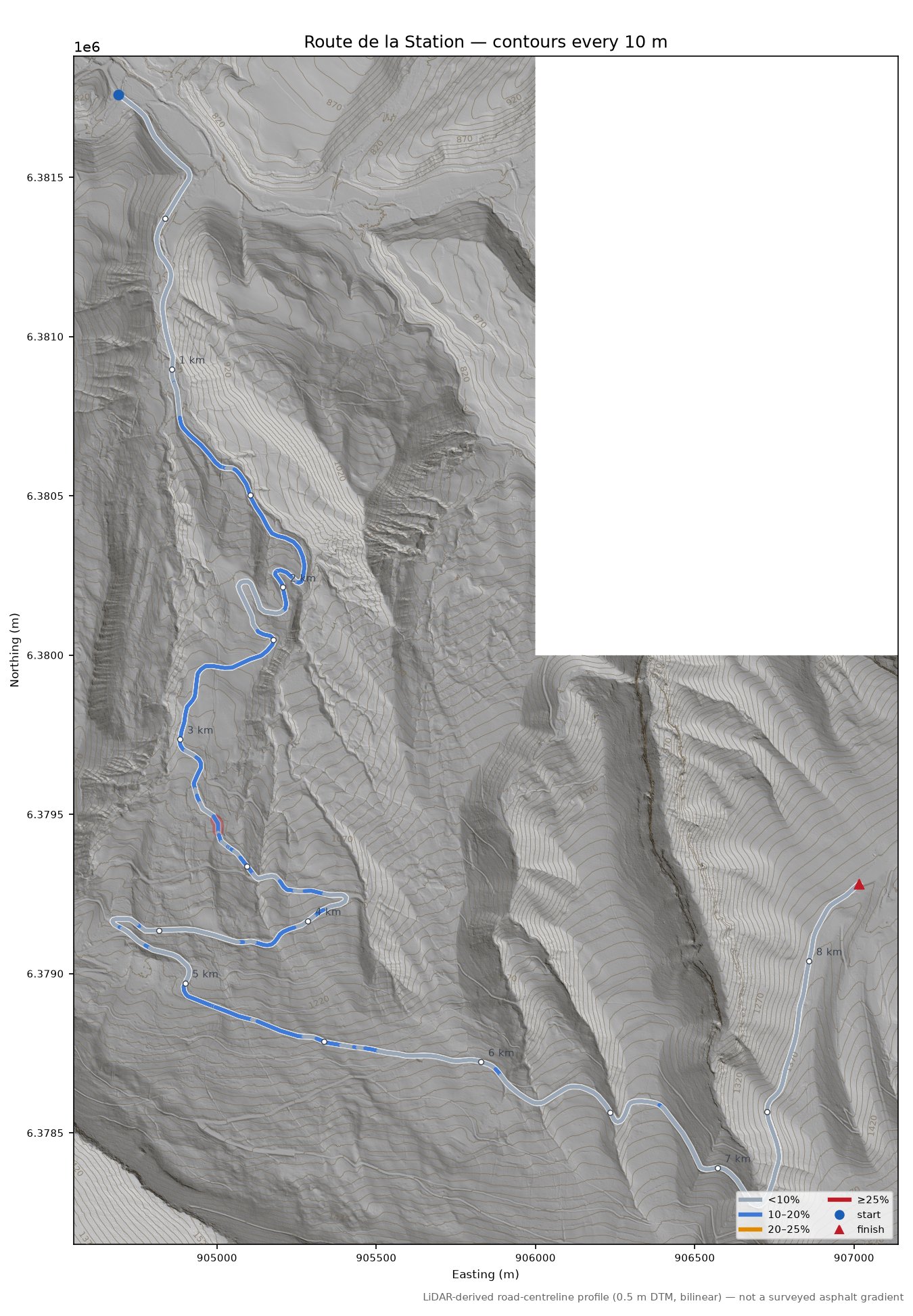 Route de la Station LiDAR hillshade map with contours