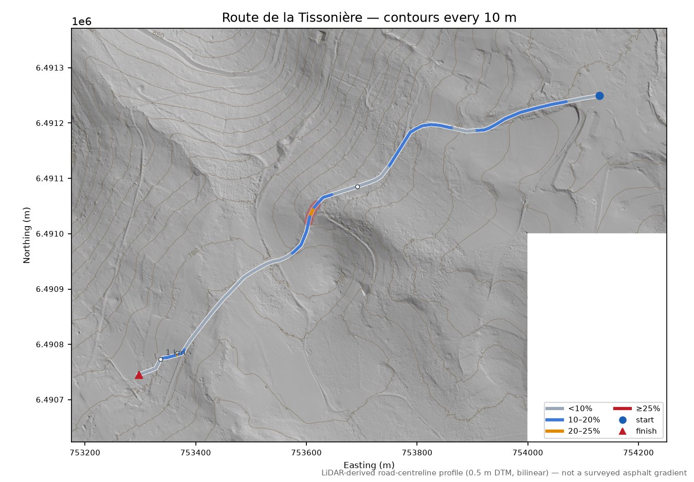 Route de la Tissonière LiDAR hillshade map with contours