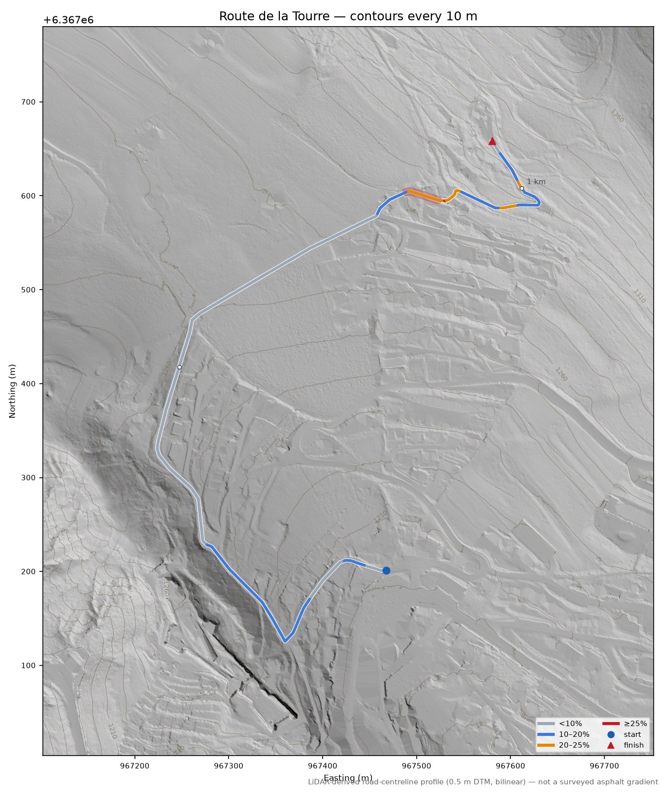 Route de la Tourre LiDAR hillshade map with contours