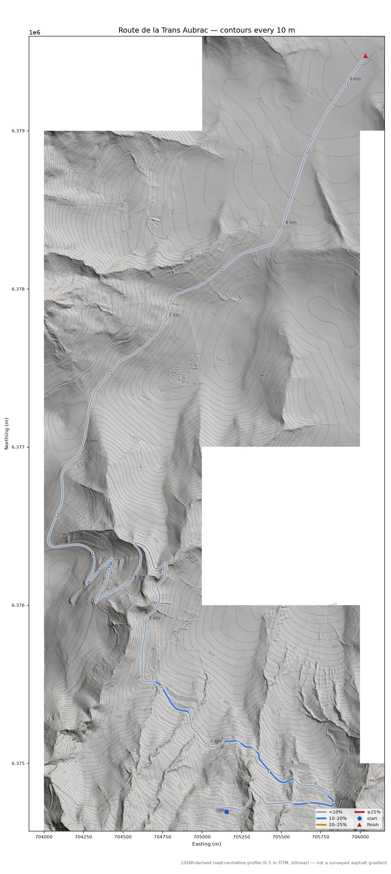 Route de la Trans Aubrac LiDAR hillshade map with contours