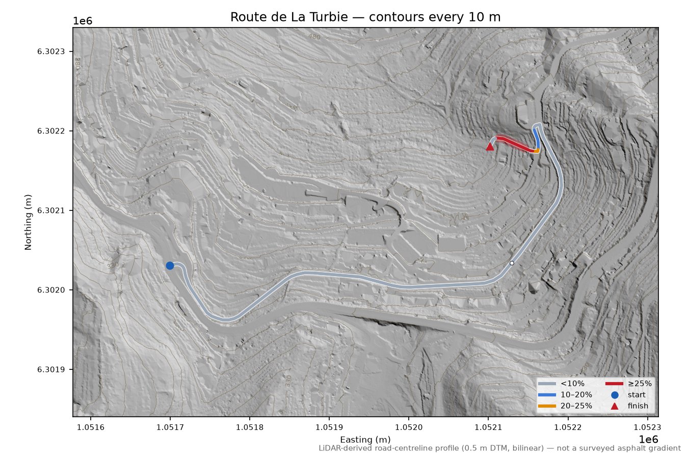 Route de La Turbie LiDAR hillshade map with contours