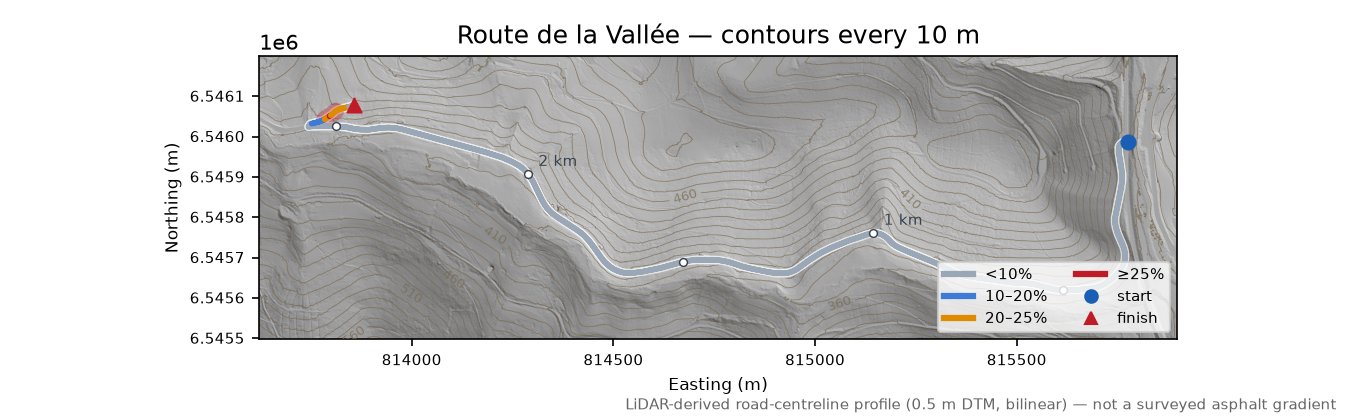 Route de la Vallée LiDAR hillshade map with contours