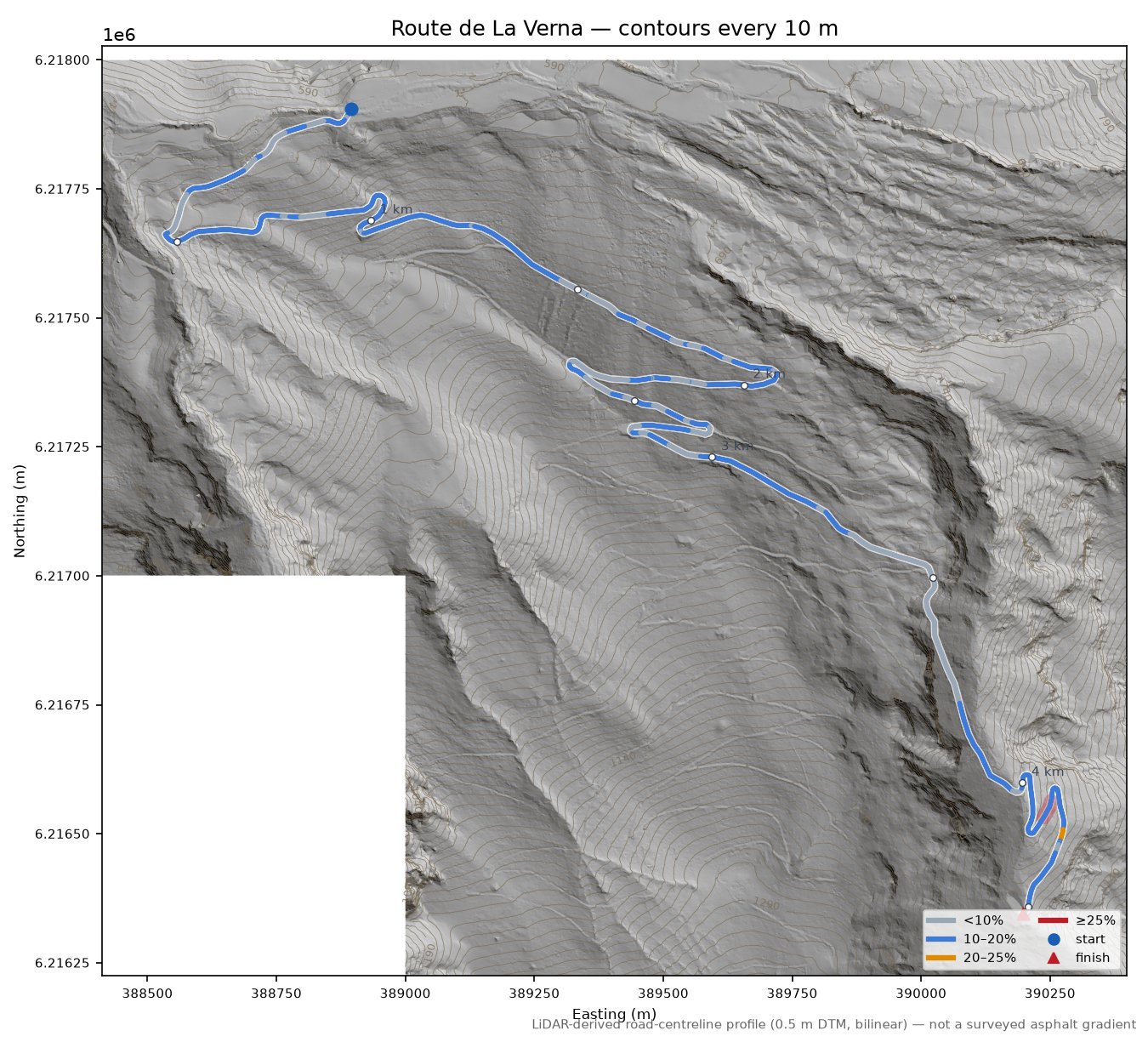 Route de La Verna LiDAR hillshade map with contours