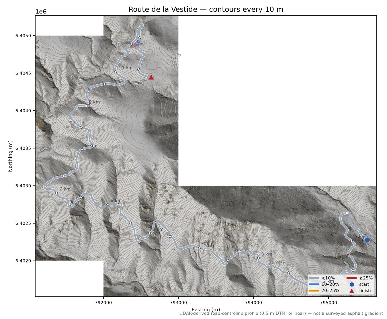 Route de la Vestide LiDAR hillshade map with contours