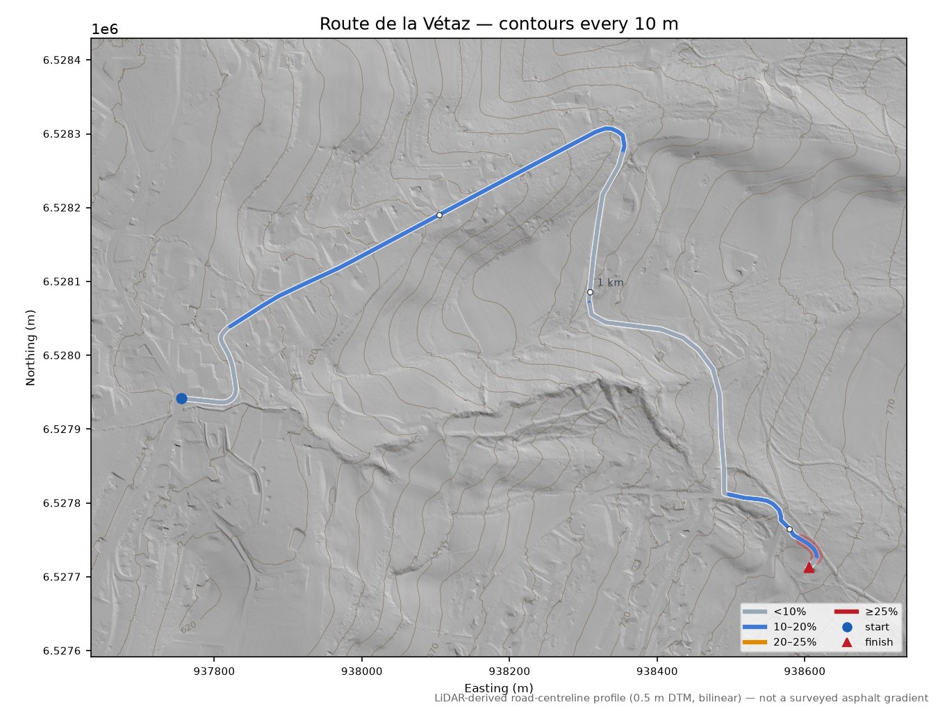 Route de la Vétaz LiDAR hillshade map with contours