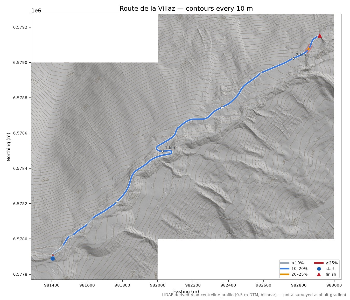 Route de la Villaz LiDAR hillshade map with contours