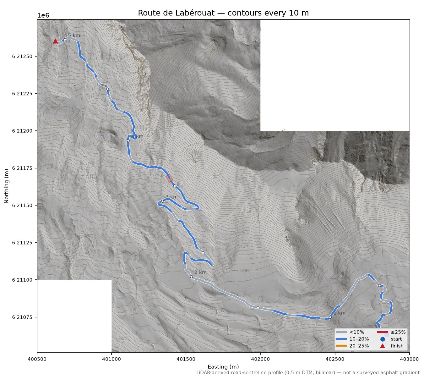 Route de Labérouat LiDAR hillshade map with contours