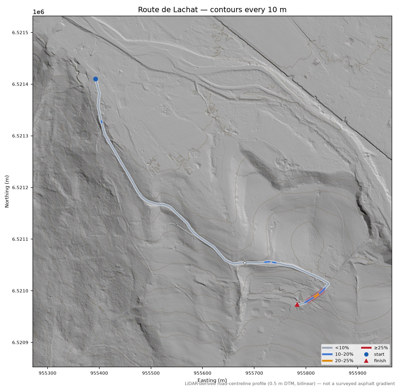 Route de Lachat LiDAR hillshade map with contours