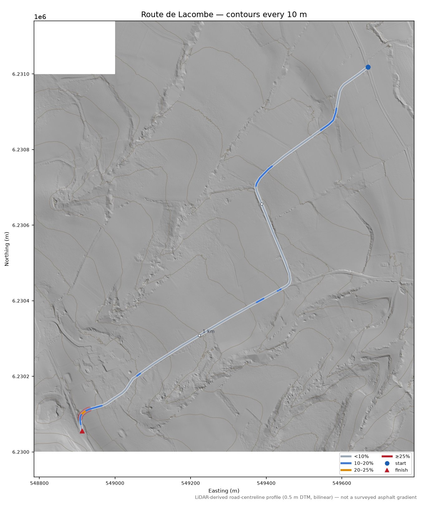 Route de Lacombe LiDAR hillshade map with contours