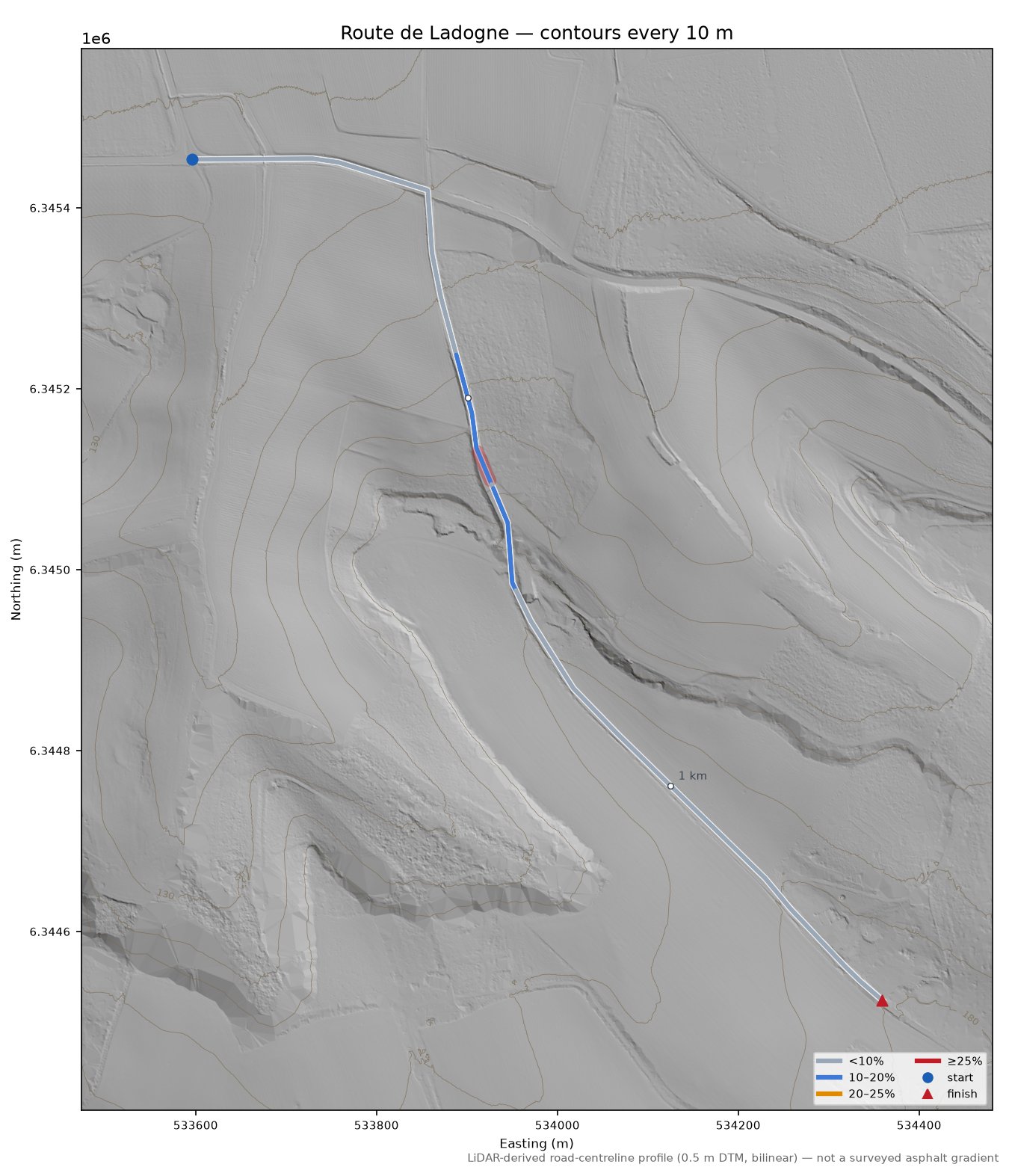 Route de Ladogne LiDAR hillshade map with contours