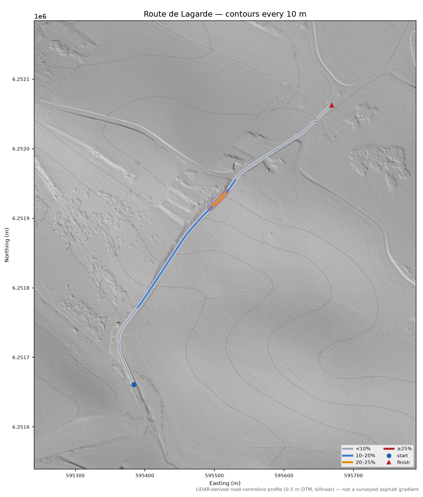 Route de Lagarde LiDAR hillshade map with contours