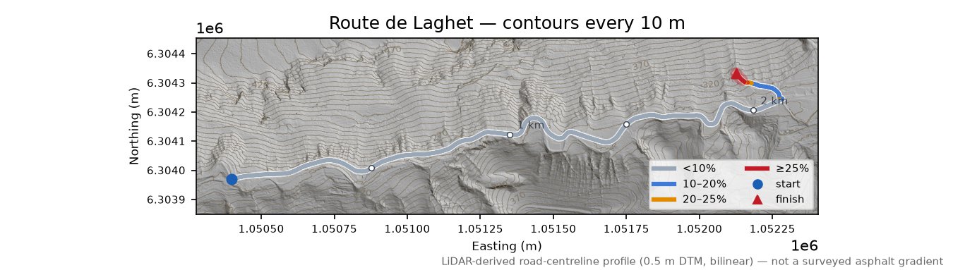 Route de Laghet LiDAR hillshade map with contours