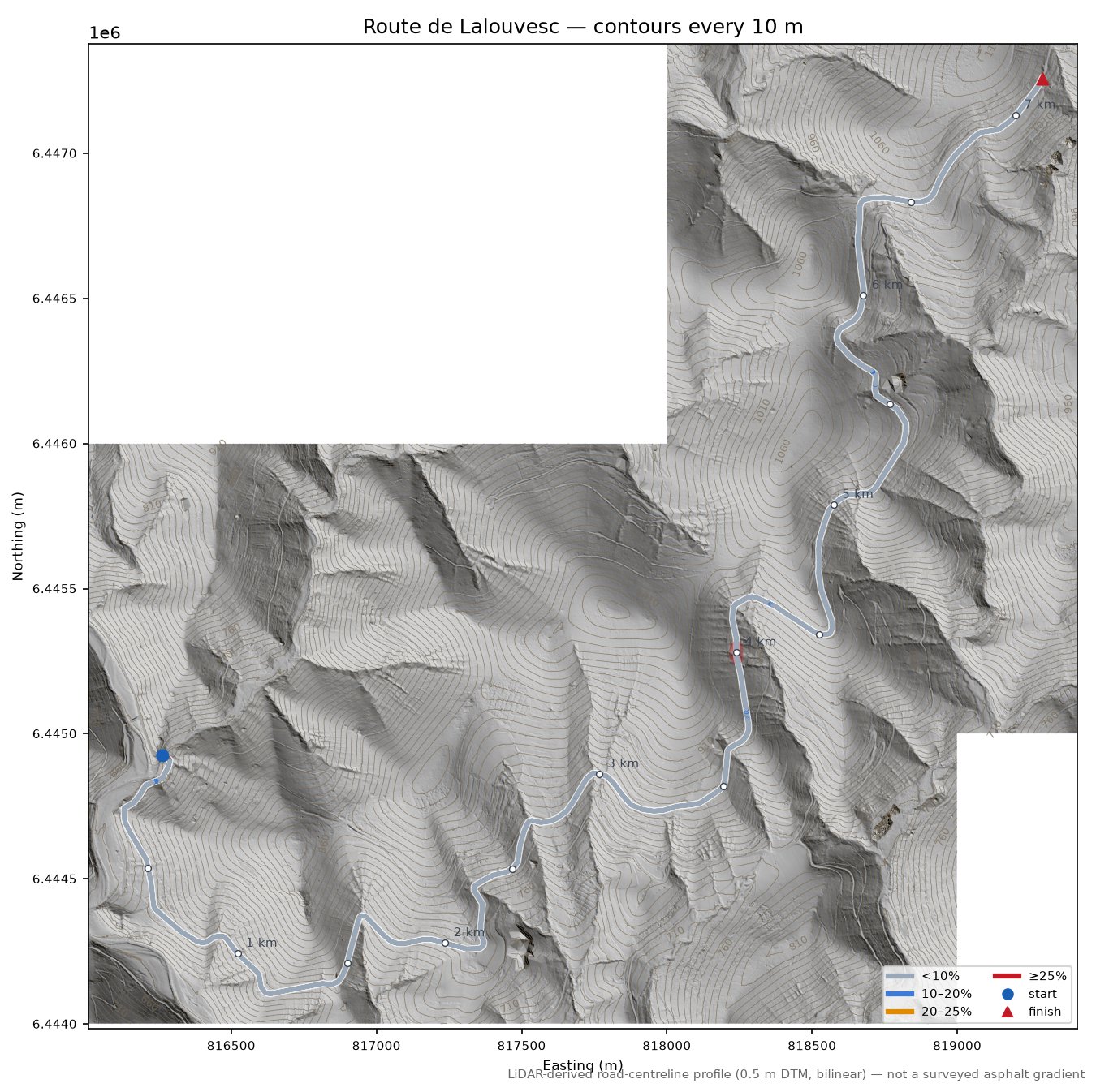 Route de Lalouvesc LiDAR hillshade map with contours