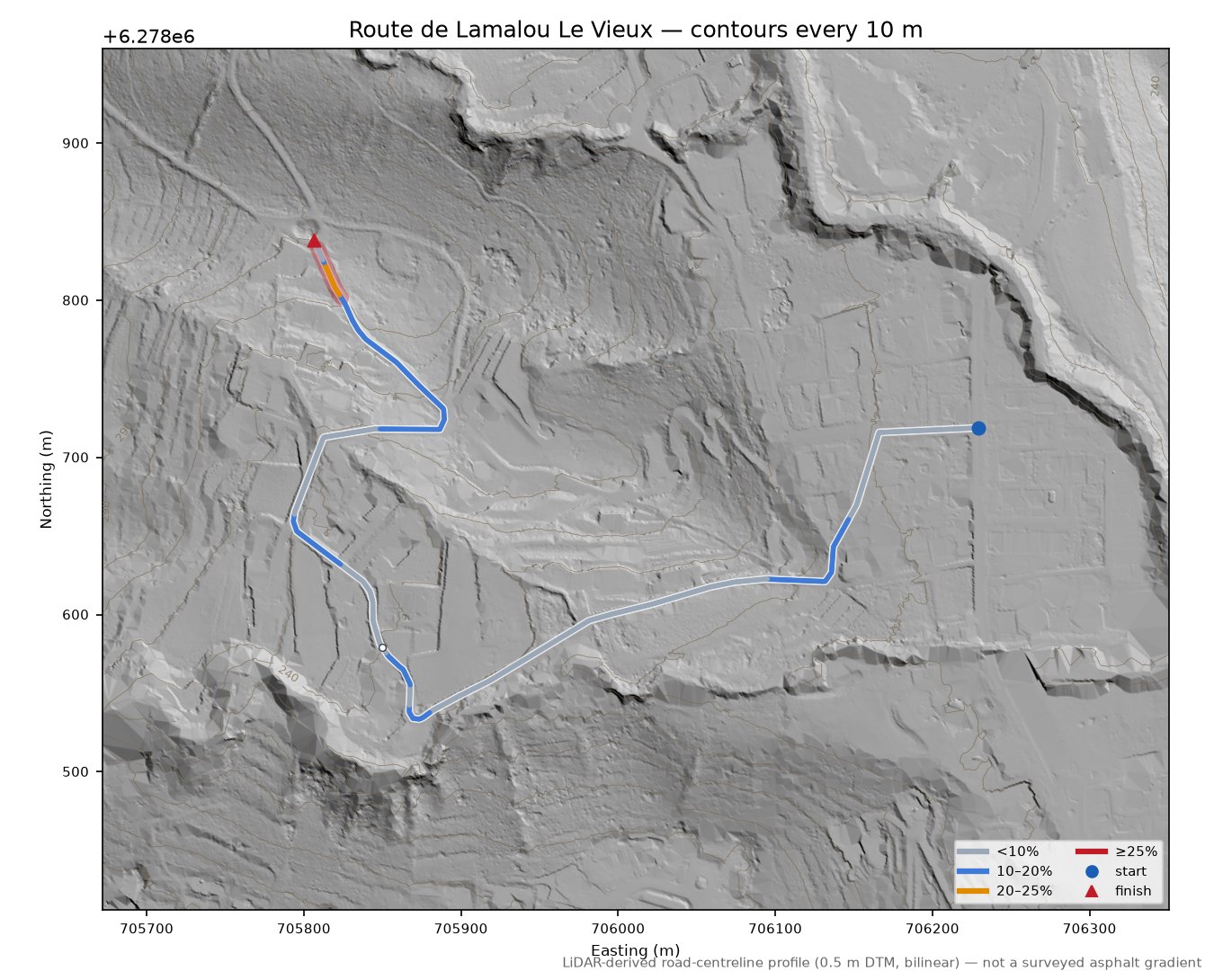 Route de Lamalou Le Vieux LiDAR hillshade map with contours