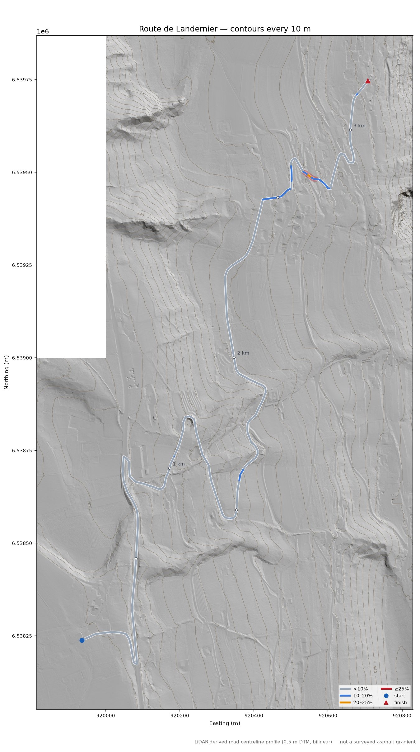 Route de Landernier LiDAR hillshade map with contours