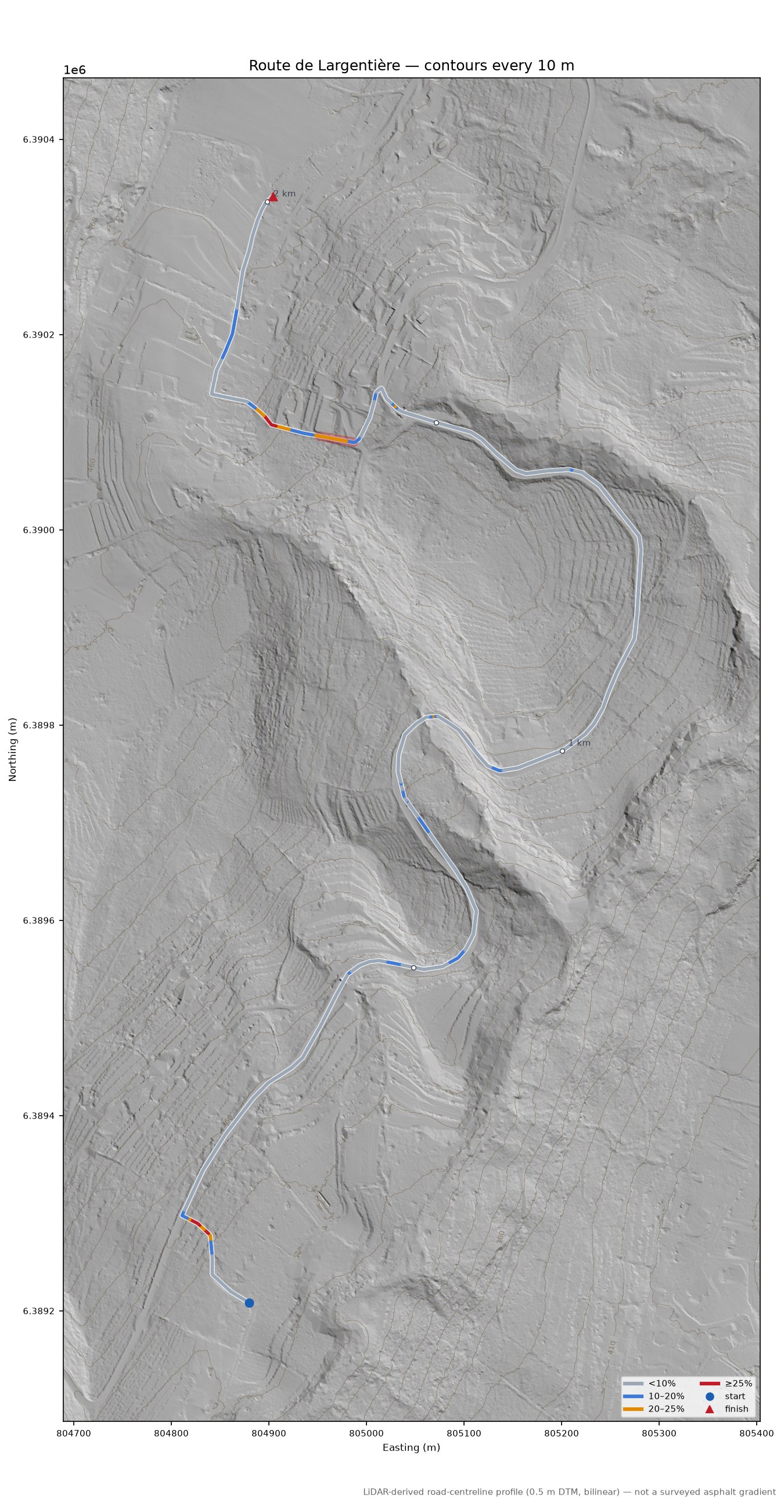 Route de Largentière LiDAR hillshade map with contours