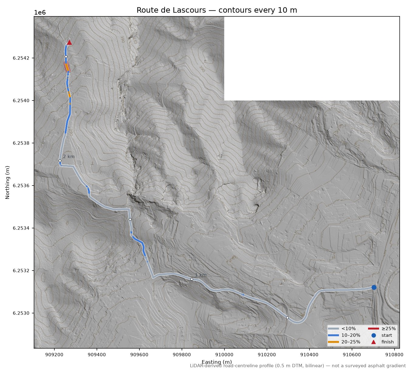Route de Lascours LiDAR hillshade map with contours